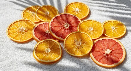 Bright Citrus Slices on White Towel with Palm Leaf Shadow