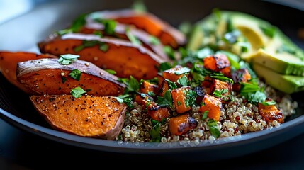 Grilled salmon fillet with quinoa, fresh herbs, red onions, and sliced avocado served on black plate, close up view of healthy protein-rich dinner meal.