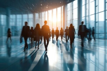 Blurred people walking through airport terminal with sunlight