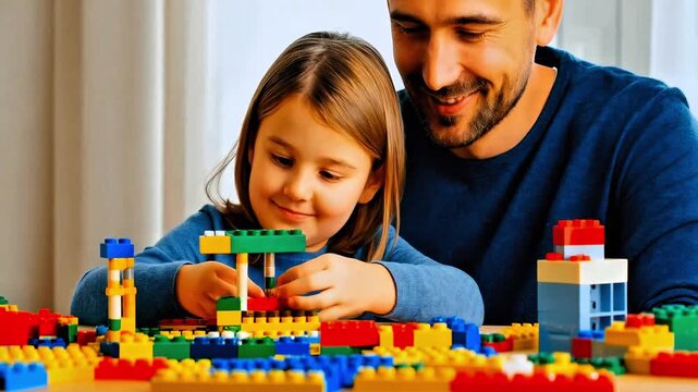 Proud father watching his daughter play with colorful constructor building blocks at home. Dad and child enjoying creative educational game for kids development. Family bonding and parenthood.