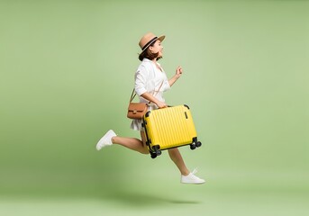 Woman in summer hat running with yellow suitcase and bag