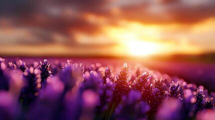 Vibrant purple lavender field at golden sunset with dramatic sky and sun rays breaking through clouds, creating magical atmospheric landscape.