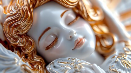 Serene porcelain doll face with golden wavy hair and closed eyes in dreamy expression, detailed macro photography showing delicate features and ethereal lighting.