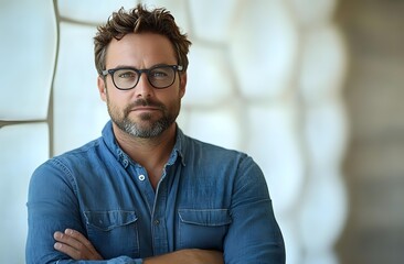 Obraz premium Confident middle-aged Caucasian businessman wearing glasses and denim shirt stands with arms crossed against light wall background, expressing leadership and expertise.