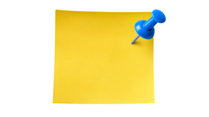 yellow sticky note paper with blue push-pin isolated on white background, HD realistic