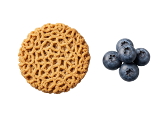 A single, perfectly formed shredded wheat biscuit with crisscrossing fibrous texture & golden-brown surface, alongside plump fresh blueberries, isolated on transparent, clean studio lighting. Concept