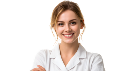 young female nurse in white uniform isolated on white background, HD realistic