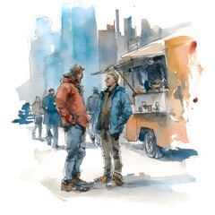 Two men engage in conversation while standing in front of a vibrant food truck. They are surrounded by a busy cityscape filled with pedestrians on a bright, sunny afternoon