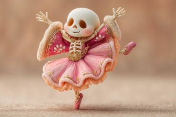 Fototapeta premium Skeleton ballerina styled like circus performer, wearing striped tutu with jester like accessories. Design mixes eerie carnival aesthetics with whimsical dance performance.