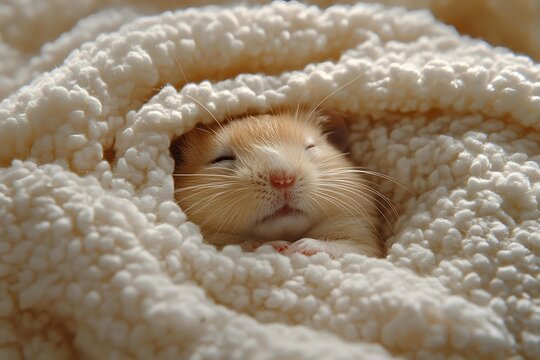 Adorable cream-colored hamster peeking out from soft white fluffy blanket with closed eyes, showing content and peaceful expression while snuggling in cozy bedding.