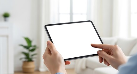 Close-up of hands holding a modern digital tablet with a blank white screen, perfect for mockups. The background shows a bright, contemporary living space, ideal for technology and lifestyle themes.