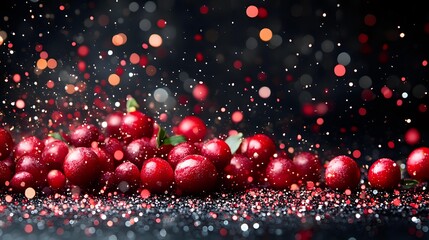 Fresh red cranberries with water drops on dark background with bokeh lights and glitter sparkles, festive holiday food photography composition.