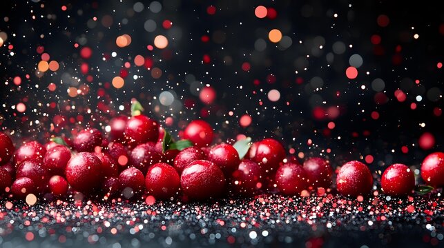 Fresh red cranberries with water drops on dark background with bokeh lights and glitter sparkles, festive holiday food photography composition.