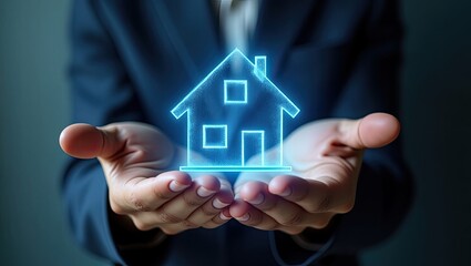 A house icon is held within the hands.