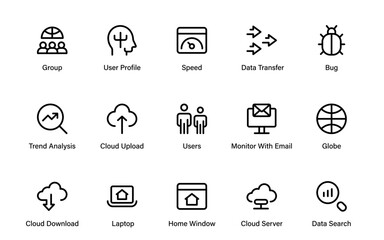 SEO – Search Engine Optimization. Thin‑line icon set for web, digital marketing, ranking, analytics, and website growth. Simple vector symbols for strategy and development.