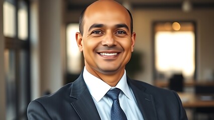 Confident businessperson in formal attire with a subtle smile, soft lighting highlighting professional demeanor.