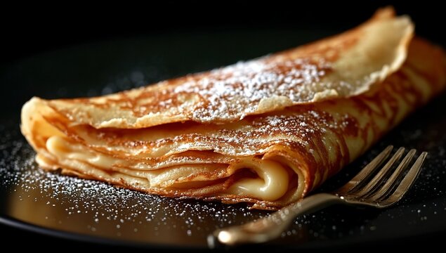 Folded crepes with powdered sugar on black plate with fork