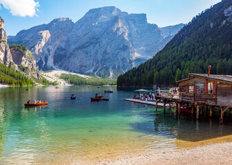 View of Lago di Braies. A small lake in the Italian Dolomites in South Tyrol.