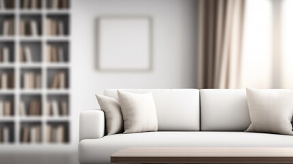 Contemporary living room design featuring empty coffee table in front, blurred bookshelf and abstract wall art, soft natural lighting, minimalist atmosphere.