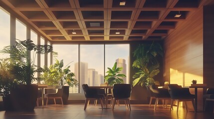 Interior space with wooden ceiling grid plants tables and chairs overlooking city skyline through windows