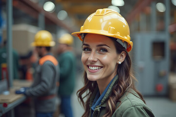 Woman Smiling Wearing Hard Hat in Warehouse Environment