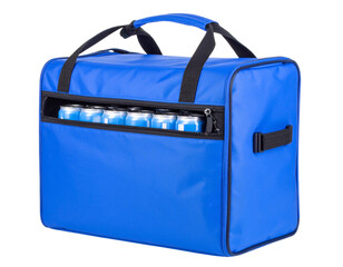 Blue Cooler Bag with Partially Closed Lid and Visible Soda Cans, Angled Side View, Isolated
