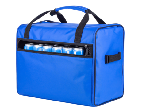 Blue Cooler Bag with Partially Closed Lid and Visible Soda Cans, Angled Side View, Isolated