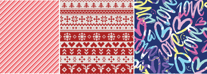 Festive Holiday Seamless Pattern Set - Christmas Nordic Knit, Candy Cane Stripe, and Valentine's Graffiti Love