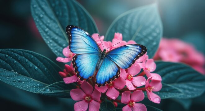 A beautiful blue butterfly rests on a cluster of pink flowers surrounded by green leaves