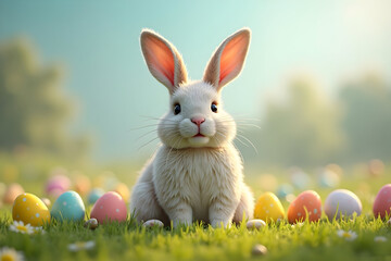 Bunny Sitting in Meadow with Decorated Eggs Springtime