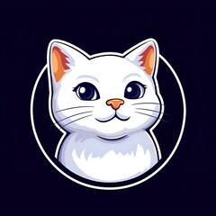 Cute white cat mascot with big blue eyes and smiling expression in circular frame on dark background, isolated design for logo and branding purposes.