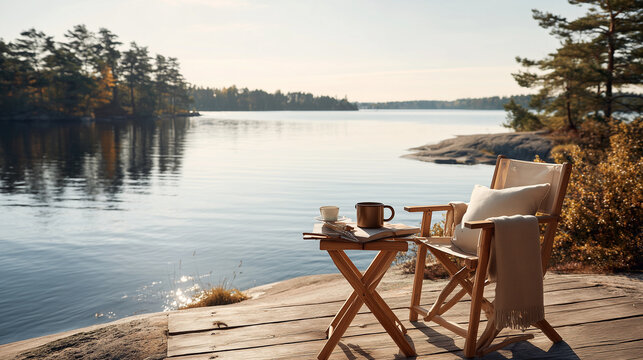 Cozy wooden chair and table with coffee and a book on a peaceful lakeside deck surrounded by trees in warm morning light. - Powered by Adobe