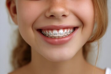Obraz premium Close-up of teenage girl smiling with dental braces