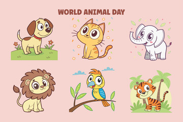 Six adorable cartoon animals celebrate world animal day against a light pink background