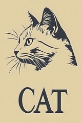 Obraz premium Minimalist cat portrait silhouette with text on beige background, artistic line drawing style showing feline profile with whiskers and detailed fur texture.