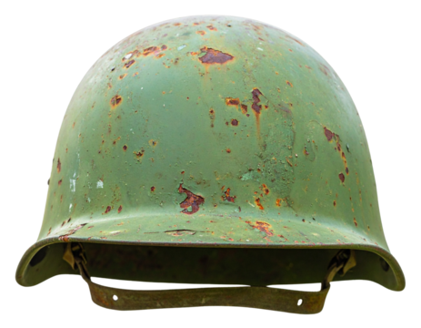  Front View of Weathered Military Helmet with Scratches and Rust, Transparent Background – AI Generated
