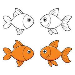 Fototapeta premium Cartoon goldfish illustration set, cute orange fish with outline and colored version, aquarium animal design isolated on white background