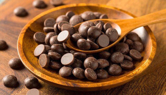 Dark chocolate baking chips in a wooden bowl with a spoon on a rustic table