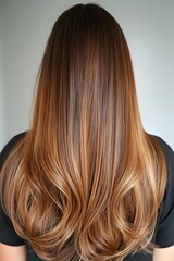 Naklejka premium Long straight caramel blonde hair with smooth ombre transition from dark roots to light ends, showing professional hair coloring technique and healthy shine.