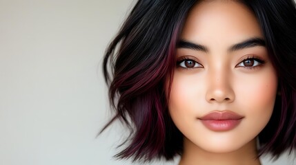 Naklejka premium Young Asian woman with burgundy ombre bob hairstyle and natural makeup looking at camera against light background, beauty and fashion portrait.