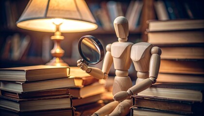 Wooden mannequin studying at desk with books and magnifying glass—warm lamp light, cozy room, focused atmosphere of research and curiosity.