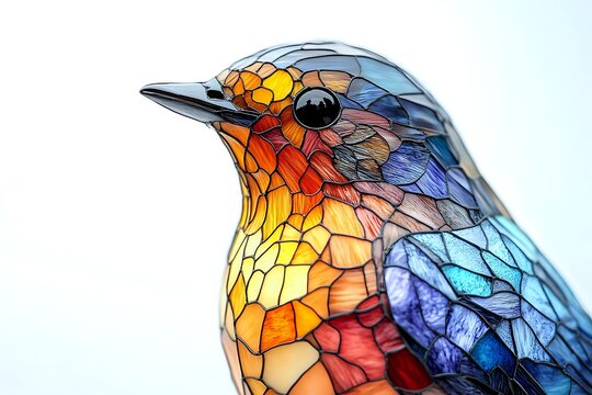 Colorful stained glass bird portrait with vibrant orange, blue and red mosaic pattern against white background, artistic close-up view showing intricate details.