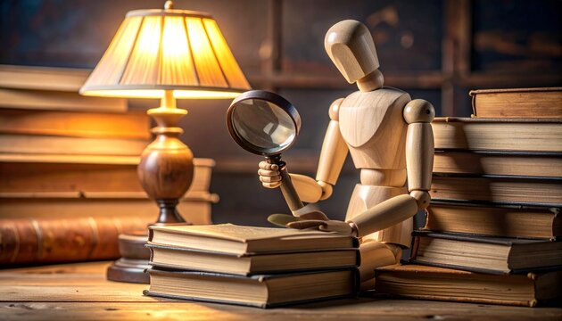 Wooden mannequin studying at desk with books and magnifying glass—warm lamp light, cozy room, focused atmosphere of research and curiosity. - Powered by Adobe
