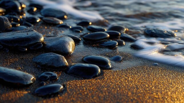 Smooth, dark rocks on a golden shore, waves gently lap - Powered by Adobe