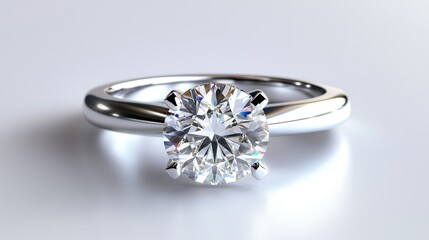 Elegant diamond solitaire ring on a white surface reflecting light beautifully