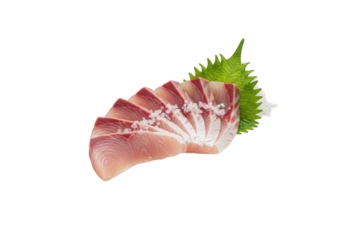 Fanned premium yellowtail (Hamachi) sashimi, pale pink with red marbling, on white plate with sea salt and shiso leaf, isolated on transparent, concept of culinary artistry