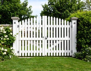 Naklejka premium White picket gate in a garden setting