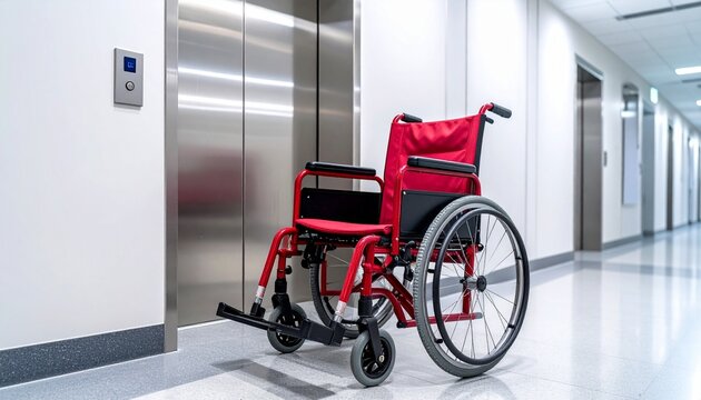 Red wheelchair in front of closed elevator in a clean hallway—symbolizing accessibility, independence, and the importance of inclusive design.