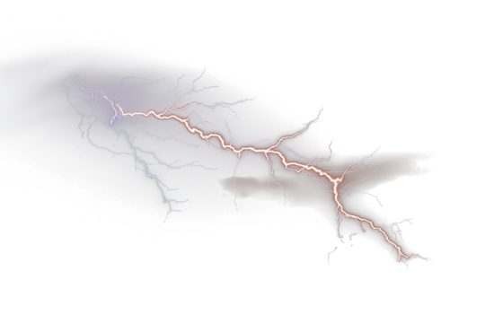 Realistic lightning bolt with glowing white and blue energy veins, displayed on a transparent background. The electric strike captures raw power, sharp detail, and natural atmospheric intensity.