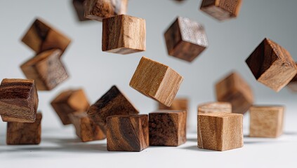 Wooden cubes in mid-air, light background